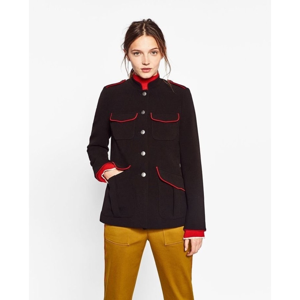 Zara Trafaluc Black Military Jacket Red Trim Button Front Pockets Shoulder XS